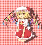  1girl ascot blonde_hair bow checkered checkered_background fang flandre_scarlet hand_on_thigh hat hat_ribbon heart kneeling looking_at_viewer mob_cap open_mouth puffy_sleeves red_eyes ribbon shadow short_hair short_sleeves skirt slit_pupils solo soumi_(soumi9357) touhou vest wings 