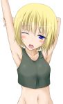  1girl armpits arms_up blonde_hair blue_eyes blush erica_hartmann navel open_mouth p-tana short_hair sleepy solo stretch strike_witches tank_top yawning 