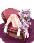  1girl arm_behind_head bobby_socks capelet chair covering_mouth crescent dress hair_ribbon hat highres knees_together_feet_apart long_hair long_sleeves looking_at_viewer lying no_shoes on_stomach open_clothes open_coat panties pantyshot_(lying) patchouli_knowledge purple_dress purple_eyes purple_hair ribbon shiba_meiji socks solo striped striped_panties touhou underwear violet_eyes white_legwear white_panties 