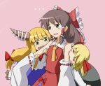  3girls :3 =_= bare_shoulders blonde_hair blush_stickers bow brown_eyes brown_hair detached_sleeves hair_bow hair_ribbon hair_tubes hakurei_reimu hihachi horns ibuki_suika long_hair multiple_girls open_mouth ribbon rumia short_hair skirt smile sweatdrop tabi touhou yellow_eyes 