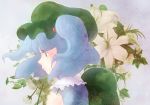  1girl backpack bag blue blue_eyes blue_hair bob_cut flower hat kawashiro_nitori lily_(flower) profile short_hair side solo toshiro1017 touhou twintails 