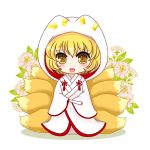  1girl blonde_hair bride chibi closed_fan fan female ferre flower folding_fan fox_tail hands_in_sleeves hood japanese_clothes kimono leaf looking_at_viewer multiple_tails open_mouth short_hair simple_background solo tail touhou uchikake white_background yakumo_ran yellow_eyes 