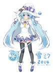 1girl 2014 aqua_hair artist_name blue_eyes cape character_name hat hatsune_miku highres long_hair magical_girl meido_yomi skirt snowflakes solo thighhighs twintails very_long_hair vocaloid wand white_background witch_hat yuki_miku 