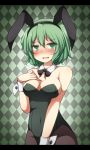  1girl animal_ears bare_shoulders blush bowtie breasts bunny_girl bunnysuit cleavage creta_(taku10) detached_collar embarrassed green_eyes green_hair looking_at_viewer pantyhose rabbit_ears short_hair smile soga_no_tojiko solo touhou wrist_cuffs 