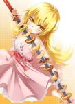  1girl bakemonogatari blonde_hair doughnut dress eating heirou long_hair monogatari_(series) oshino_shinobu solo sword weapon yellow_eyes 