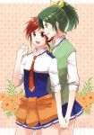  2girls :d flower green_eyes green_hair hair_ornament hairclip hino_akane holding_hands midorikawa_nao multiple_girls necktie open_mouth polka_dot polka_dot_background ponytail precure red_eyes red_hair redhead school_uniform sepia_background short_hair sioagya sleeves_rolled_up smile smile_precure! sweater_around_waist sweater_vest yuri 