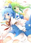  2girls adapted_costume ahoge arm_belt arm_up armband back-to-back blue_eyes blue_hair bow buckle cherry_blossoms cirno daiyousei dress fairy_wings green_eyes green_hair hair_bow juliet_sleeves kazeshiro_kazeto light_particles long_hair long_sleeves looking_at_viewer multiple_girls open_hand open_mouth puffy_sleeves ribbon short_sleeves side_ponytail simple_background smile touhou white_background wind wings 