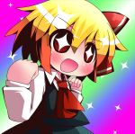  1b 1girl arms_up ascot bad_id blonde_hair bow chibi hair_bow hair_ornament highres no_nose open_mouth rainbow_background red_eyes rumia short_hair solo sparkle star star-shaped_pupils symbol-shaped_pupils touhou 