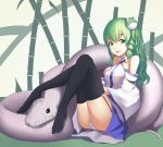  1girl bare_shoulders black_legwear detached_sleeves frog_hair_ornament garter_straps green_eyes green_hair hair_ornament highres iorlvm kochiya_sanae long_hair mishaguji panties smile snake snake_hair_ornament solo thigh-highs thighhighs touhou underwear white_panties 