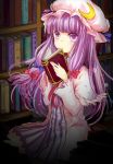  1girl book bowtie crescent doraka hair_ribbon hat highres long_hair patchouli_knowledge purple_hair ribbon solo touhou 