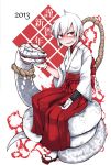  1girl 2013 albino gloves grin japanese_clothes miko original red_eyes sandals short_hair sigama sitting smile snake tabi white_hair 