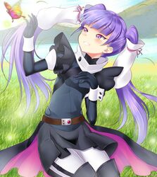  1girl belt boots cape dress elbow_gloves fram_nara gloves grass gundam gundam_age hair_tubes lake long_hair mountain open_mouth pantyhose pt@i purple_eyes purple_hair skirt solo thigh-highs thigh_boots thighhighs twintails violet_eyes white_legwear wrist_cuffs 