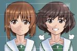  2girls akiyama_yukari blush brown_eyes brown_hair girls_und_panzer multiple_girls nishizumi_miho short_hair smile solmoniq 