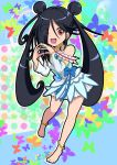  1girl :d anklet azumawari_(azumofu) barefoot black_hair bow choker cosplay double_bun hair_over_one_eye hands_together happy jewelry long_hair magical_girl open_mouth parody precure red_eyes ribbon skirt smile solo the_ring twintails yamamura_sadako 