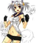  1girl animal_ears blush breasts fox_ears gloves grey_hair haik kokonoe_tsubaki original partially_colored red_eyes simple_background sketch smile solo tail white_background 