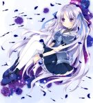  1girl boots cross-laced_footwear flower hair_ribbon long_hair nanase_nao original purple_eyes ribbon rose silver_hair skirt solo thigh-highs thighhighs very_long_hair violet_eyes white_legwear wristband 