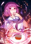  1girl dress eating electricity g.h_(gogetsu) highres looking_at_viewer mahjong mahjong_tile miyanaga_teru neckerchief red_eyes redhead saki school_uniform serafuku short_hair solo white_dress 