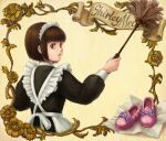  1girl bob_cut brown_eyes brown_hair character_name duster frilled_apron from_behind maid maid_headdress pink_shoes satou_toshio_(suisuisuisui) shirley shirley_medison short_hair solo 