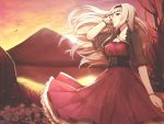  1girl adjusting_hair blush breasts cleavage dress hairband hitoto idolmaster large_breasts long_hair mountain red_eyes shijou_takane silver_hair smile solo wind 