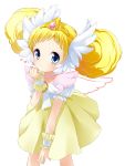 1girl blonde_hair blue_eyes blush brooch candy_(smile_precure!) choker double_bun dress head_wings jewelry personification precure puffy_sleeves royal_candy short_hair skirt smile_precure! solo tiara white_background wrist_cuffs yellow_dress yupachi 