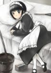  1girl black_hair blush bob_cut bonchi brush bucket duster grey_eyes maid maid_headdress mary_janes mop on_bed shirley shirley_medison shoes short_hair solo victorian white_legwear 