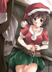  1girl akiyama_yukari blush brown_hair girls_und_panzer hat mister_(black_and_white) santa_hat short_hair smile solo 