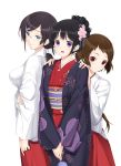  3girls :d alternate_costume alternate_hairstyle black_hair blush breasts brown_hair cherry_blossoms chitanda_eru floral_print girl_sandwich glasses green_eyes hair_ornament hakama hands_on_shoulders haori hyouka ibara_mayaka japanese_clothes juumonji_kaho kimono large_breasts long_hair looking_at_viewer miko mole multiple_girls nakano_sora open_mouth ponytail purple_eyes red_eyes simple_background smile v_arms violet_eyes white_background yukata 