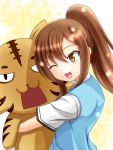 :3 ;d alice360 aoyama_nanami blush brown_eyes brown_hair doll_hug long_hair open_mouth ponytail sakura-sou_no_pet_na_kanojo smile solo stuffed_animal stuffed_toy tiger wink 