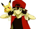  1boy baseball_cap black_hair fingerless_gloves gloves hat pikachu pokemon pokemon_(creature) pokemon_(game) pokemon_rgby red_(pokemon) red_(pokemon)_(classic) tomtomjm 