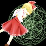  1girl ankle_socks aquanzu arms_up black_background blonde_hair bow cosplay covering_mouth detached_sleeves dutch_angle green_eyes hair_bow hakurei_reimu hakurei_reimu_(cosplay) light_trail looking_at_viewer mizuhashi_parsee pointy_ears short_hair simple_background skirt solo touhou vest 