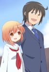  1boy 1girl black_hair blush couple koa kotoura-san kotoura_haruka long_sleeves manabe_yoshihisa necktie orange_eyes orange_hair school_uniform short_hair smile 