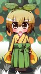  1b 1girl bad_id blonde_hair blush chibi food fruit hairband hakama highres japanese_clothes leaf mandarin_orange mittan no_nose open_mouth original short_hair solo tree yellow_eyes 