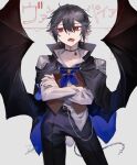  1boy bangs black_cape black_choker black_hair black_wings blood blood_from_mouth blue_cape cape chain choker crossed_arms demon_wings grey_background high_collar highres jewelry long_sleeves looking_to_the_side low_wings male_focus open_mouth original pointy_ears red_eyes shirt signature simple_background solo vampire vest wings zaso 