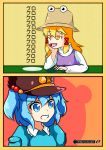  2girls :d absurdres blonde_hair blue_eyes d: hat highres jojo_no_kimyou_na_bouken kawashiro_nitori licking moriya_suwako multiple_girls neferkitty open_mouth parody rero_rero smile tongue touhou translated two_side_up wince yellow_eyes 