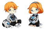  1boy 1girl 2012 atlas_kei blue_eyes bow chibi dated dress dual_persona genderswap glasses hair_ornament hairband hairclip kei-chan kneeling looking_at_viewer looking_up multiple_persona necktie orange_hair personification portal portal_2 signature simple_background sitting smile solo wheatley white_background 