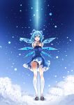  1girl blue_dress blue_eyes blue_hair blue_panties bow cirno dress hair_bow ice ice_wings kneehighs kyon_(fuuran) looking_at_viewer mary_janes open_mouth outstretched_arms panties shirt shoes short_sleeves snow snowing socks solo striped striped_panties touhou tree underwear white_legwear wind_lift wings 