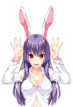  1girl animal_ears arms_up blush breasts bunny_ears bust cleavage collarbone dress_shirt hands highres large_breasts long_hair looking_at_viewer purple_hair rabbit_ears red_eyes reisen_udongein_inaba shirt simple_background smile solo touhou uyu_(keyakinoki) white_background 
