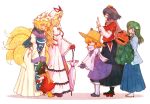  6+girls animal_ears black_legwear blonde_hair blush boots breasts brown_hair cat_ears cat_tail chen child closed_eyes detached_sleeves eyes_closed fox_tail frog_hair_ornament geta green_eyes green_hair hair_ornament hair_ribbon hair_tubes hat kochiya_sanae long_hair moriya_suwako multiple_girls multiple_tails open_mouth purple_eyes purple_hair ribbon sandals scarf short_hair simple_background skirt smile snake_hair_ornament solid_circle_eyes tabard tail terajin touhou umbrella violet_eyes white_background white_legwear yakumo_ran yakumo_yukari yasaka_kanako 