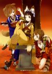  3girls :p absurdres animal_ears bamboo bangs black_eyes black_hair blunt_bangs breasts brown_eyes brown_hair cleavage crossed_legs eyeball hair_over_one_eye highres hime_cut japanese_clothes kimono legs_crossed long_hair multiple_girls obi off_shoulder original pale_skin raccoon_ears raccoon_tail sandals scan short_hair sitting smile tabi tail tiv tongue 