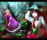  2girls :o blonde_hair bow brown_hair dress flower grass hair_bow hat hat_bow hat_ribbon highres letterboxed long_hair looking_at_viewer maribel_hearn multiple_girls necktie purple_eyes red_eyes revision ribbon ryosios shirt stairs sunlight torii touhou tree usami_renko violet_eyes white_shirt 