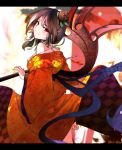  1girl alternate_costume asymmetrical_wings bare_shoulders barefoot black_hair flower hair_flower hair_ornament houjuu_nue japanese_clothes kimono letterboxed looking_at_viewer red_eyes shiina_shian short_hair smile solo touhou wings 