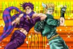  2boys bloody_stream blue_eyes caesar_anthonio_zeppeli colorful fabulous facial_mark fingerless_gloves gin gloves green_jacket headband jacket jojo_no_kimyou_na_bouken joseph_joestar_(young) midriff multiple_boys purple_hair scarf watanore 