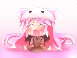  1b 1girl animal_hat bad_id barefoot cat_hat chibi closed_eyes dress eyes_closed hat highres long_hair megurine_luka megurine_luka_(toeto) no_nose open_mouth pink_hair ribbon sitting solo toeto_(vocaloid) vocaloid 