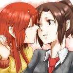  2girls bouhatei_tetora brown_eyes brown_hair buratei_marii casual closed_eyes eyes_closed fuji_tsugu hair_ornament hairclip incipient_kiss joshiraku long_hair multiple_girls necktie ponytail red_hair redhead sweater yuri 