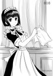  1girl apron bob_cut bow dated frilled_apron handkerchief maid maid_headdress monochrome shirley shirley_medison short_hair sleeves_rolled_up smile solo taako 