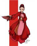  1girl absurdres alfred_pangkerego chinese_clothes dancing fan highres original red_eyes red_hair redhead short_hair traditional_media 