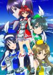  4girls a-1_pictures ahoge aqua_eyes ascii_media_works belt black_hair blue_eyes boots brown_hair cloud clouds feathers futaba_aoi_(vividred_operation) green_eyes green_hair hairband isshiki_akane kuroki_rei long_hair looking_at_viewer looking_back multiple_girls official_art open_mouth red_eyes red_hair redhead saegusa_wakaba shinomiya_himawari skirt sky smile twintails vividred_operation yellow_eyes 