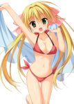  :d absurdres arm_up bikini blonde_hair blush breasts cleavage copyright_request green_eyes highres hontani_kanae long_hair moribe_(rabumanyo) navel open_mouth polka_dot polka_dot_bikini polka_dot_swimsuit shiny shiny_skin simple_background smile solo swimsuit swimsuit thigh_gap towel very_long_hair 