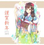  1girl 2013 blush brown_hair dated efmoe floral_print flower hair_flower hair_ornament happy_new_year japanese_clothes kimono looking_at_viewer new_year obi original red_eyes signature smile snake solo 