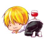  1boy :3 ass blonde_hair chibi cup earrings fate/zero fate_(series) gilgamesh jewelry male necklace short_hair solo viceco03talis wine_glass 